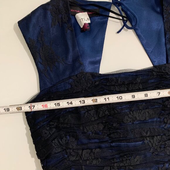 Hayley Matthews Navy Blue Lace & Chiffon Sleeveless Dress Size 12 Elegant Midi - Picture 7 of 10